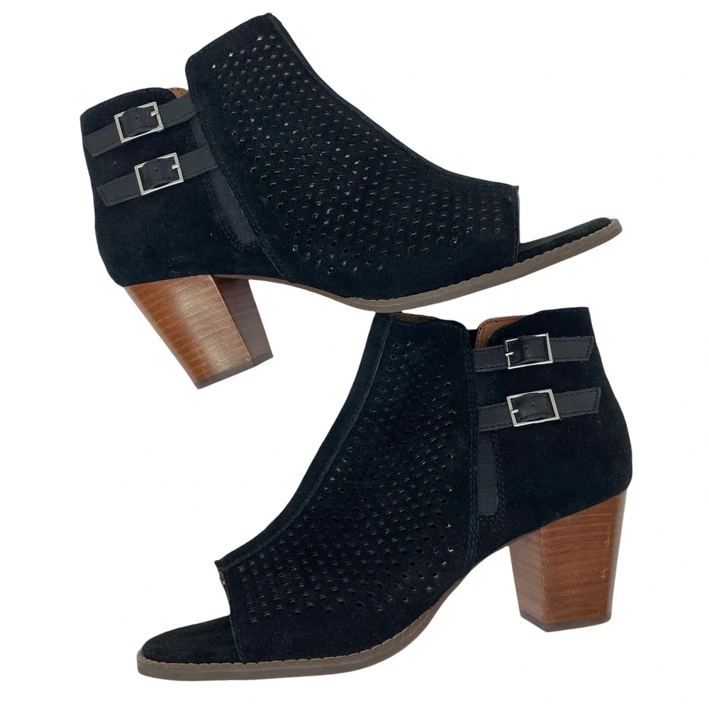 Vionic Chryssa Black Open Toed Ankle Booties Peep Toe Boots Shoes Heels - Picture 4 of 7